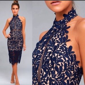 LULUS Divine Destiny Embroidered Lace Halter Midi Dress in Navy size Large